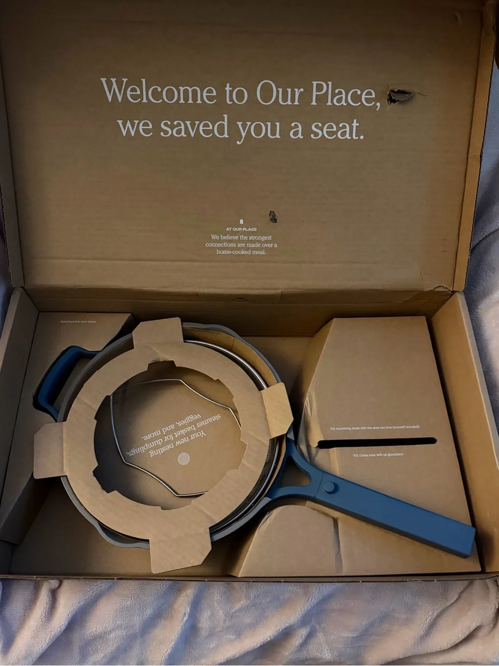 Our Place Always Pan® 2.0 in Salt Blue with lid, spatula, & steamer basket